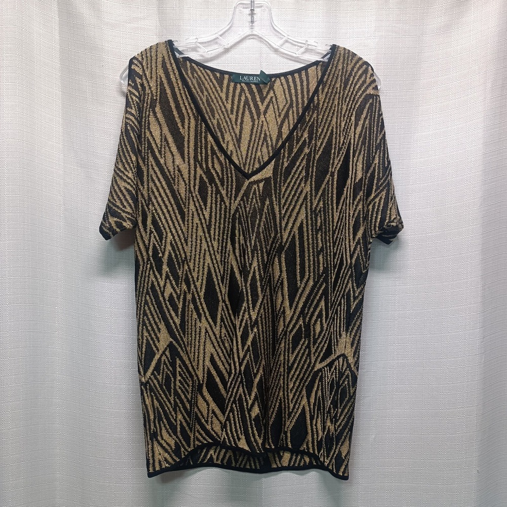 Lauren Ralph Lauren Black and Tan Patterned V-Neck Blouse
